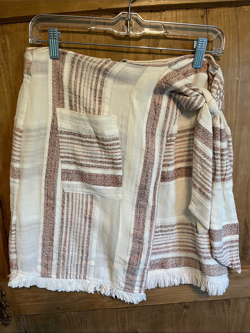 Anthropologie Cream, Tan and Gray Striped Wrap Mini Skirt 4